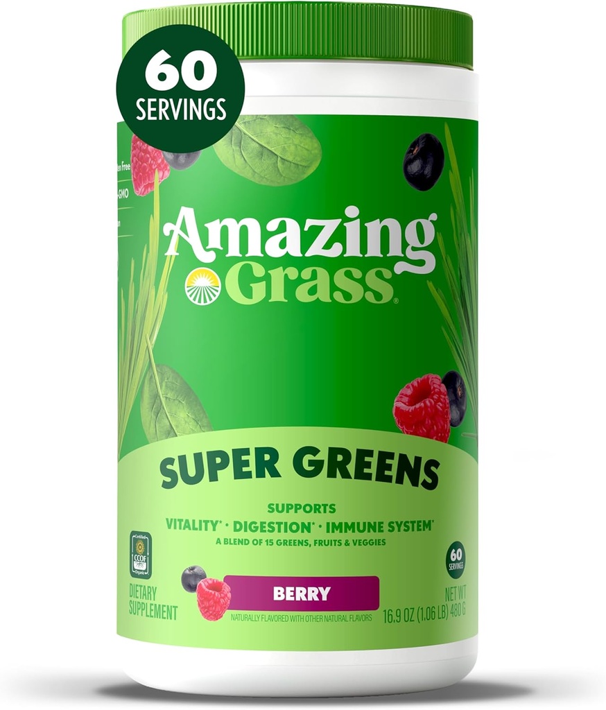 Amazing Grass Grønn Blande Superfood: Super Greens Powder Smoothie Blande med Spirulina, Klorella, Beet Root Powder, Digestive Enzymes & Probiotika, Berry, 60 Servering (Packing May Vary)