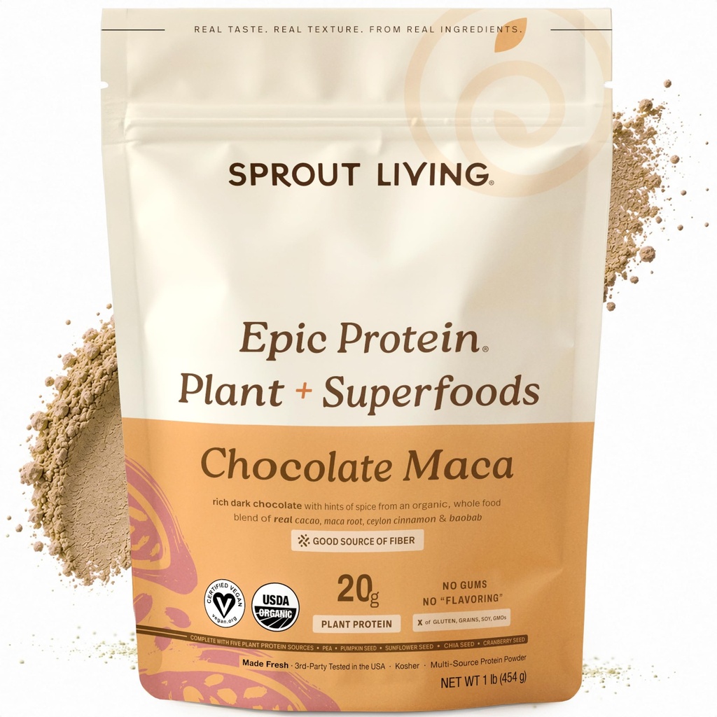 Sprout Living Epic Protein, Plant Basert Protein & Superfoods pulver, Sjokolade Maca pulver | 20 Grams Organisk Protein pulver, Vegansk, Ikke-GMO, Glutenfri, Lav sukker (1 pund, 12 serveringer)