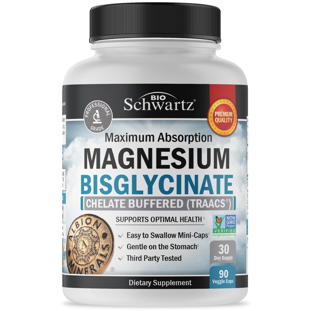 Magnesium Bisglycinate 100% Chelat No-Laxative Effect - Maksimal absorpsjon og biotilgjengelighet, full reacted & Buffered - Sunn Energy Muscle Bone & Joint Support - Ikke-GMO Project Verifisert - 90 ct