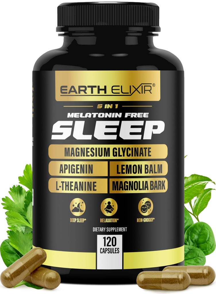 Jord Elixir 4-i-1 søvnhjelp (120 Caps) m/Apigenin 50 mg, magnesiumglycinat 200 mg, L Theanine 200 mg & Valerian Root for søvnhjelp 300 mg | Apigenin Supplement for søvn | Sovepiller