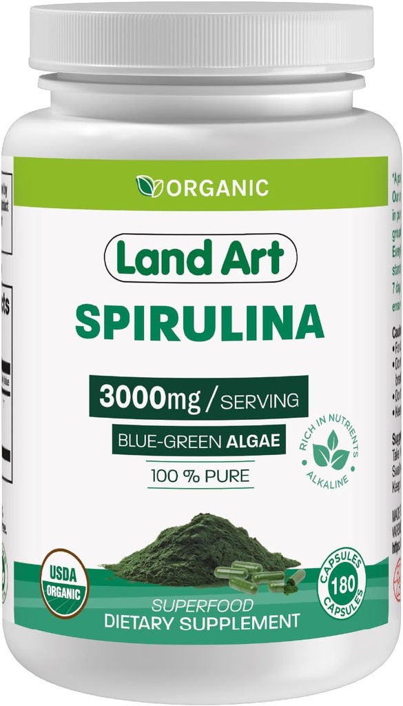 Land Art Certified Organic Spirulina - 180 Kapsler - Supermat-rik på mineraler, vitaminer og proteiner - Vegan