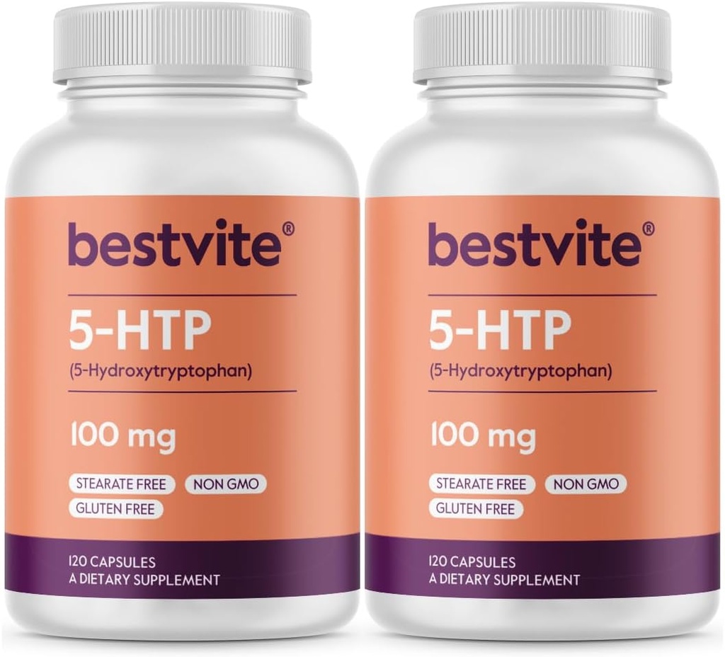 BESTVITE 5-HTP 100 mg (240 kapsler) (120 x 2) - Ingen stearates - Ingen flytmidler - Ikke GMO - Glutenfri