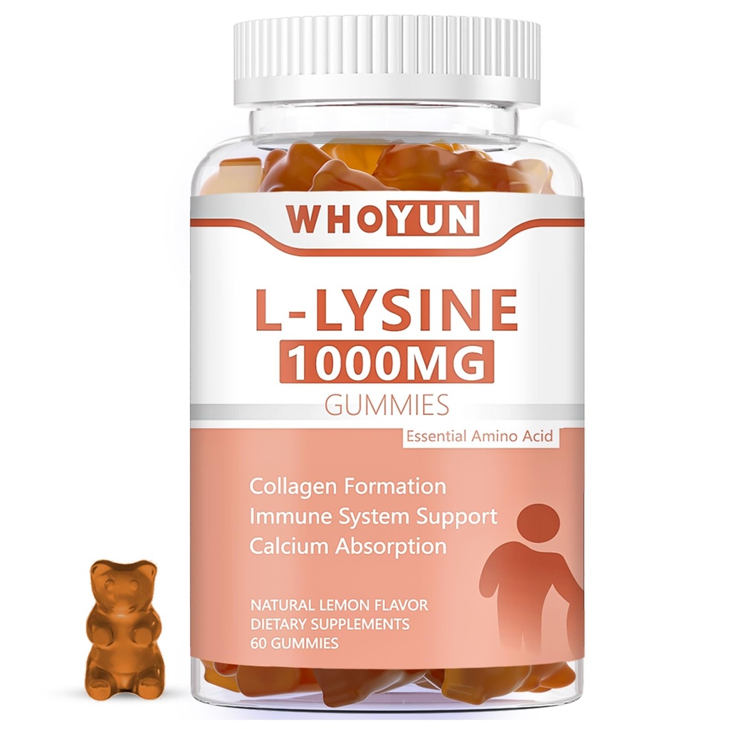 L-Lysine 1000mg Gummies, Chewable Lysin Supplement for voksne, immun støtte, kollagenformasjon støtte, sitron flavor, 60 greve