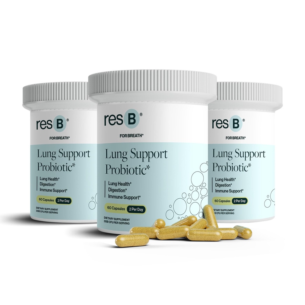 Resbiotiske resB Lung støtte Probiotic Supplement - Lunge Helse Supplement for røykere, Gut helse, immun støtte, pustebehandling, hellig basil, gurkemeie, klinisk utprøvd - 180 kapsler (3 flasker)