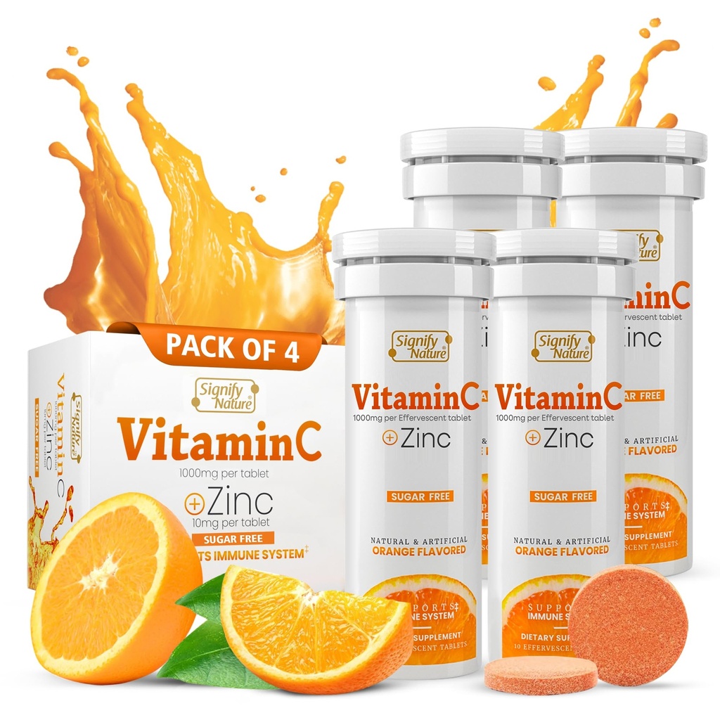 SIGNIFY NATURE Vitamin C 1000mg Effervescent Tabletter - Potent immunstøtte VIT C med sink Supplement - Sukkerfri og Vegan formel | Oppløselige vitamin C tabletter - Vannløselige Fizzy Elixir - 40CT