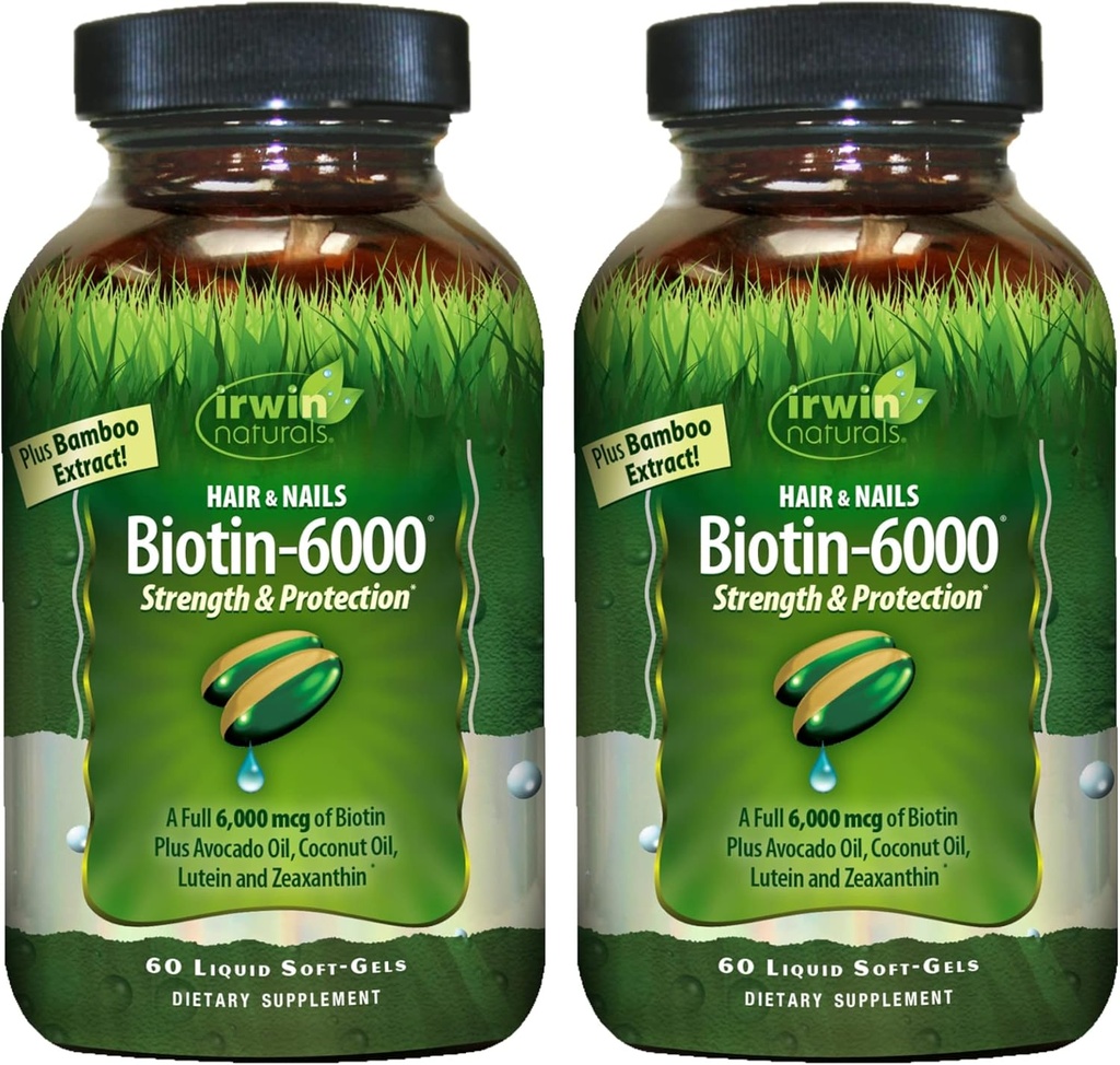 Irwin Naturals Biotin-6000-60 Flytende Soft-Gels, Pakke med 2 - Støtter styrke og beskyttelse for hår og negler - med avocado olje, kokosolje, lutein & Zeaxanthin - 60 Total Services