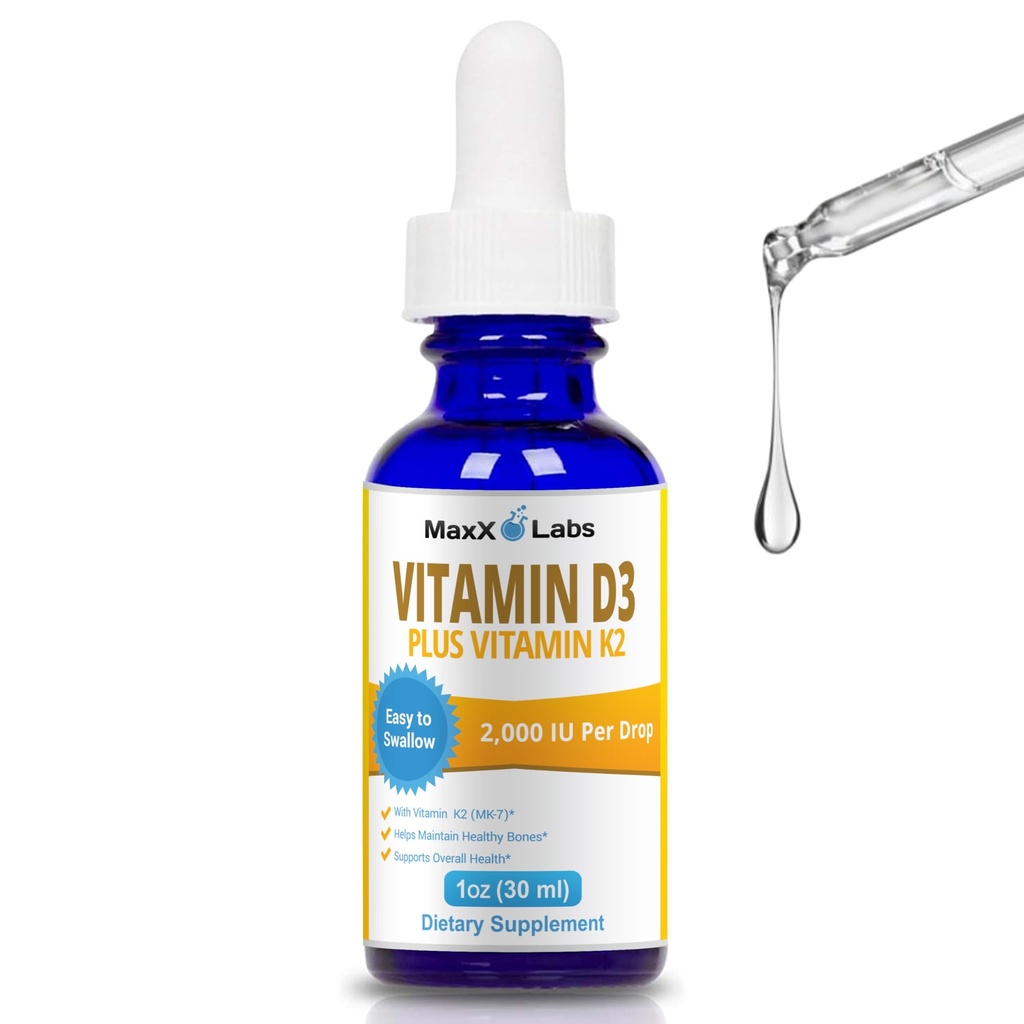 Vitamin D3 K2 flytende dråper - flytende vitamin-D3 2000 IE Per Drop med K2 Kosttilskudd for voksne og barn - VIT D for sunne bein, hjerte og immun helse - vitamin D K2 MK7 Droper 1 Oz