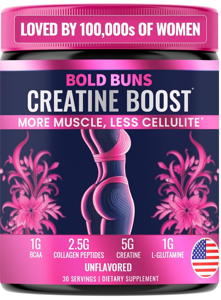 Bold Buns Kreatin for kvinner – Booty Builder Supplement med collagen & BCAA – støtter muskelutvikling, post-workout gjenoppretting, hud elastisitet, sunt hår & negle | Unflavored – 30 Services