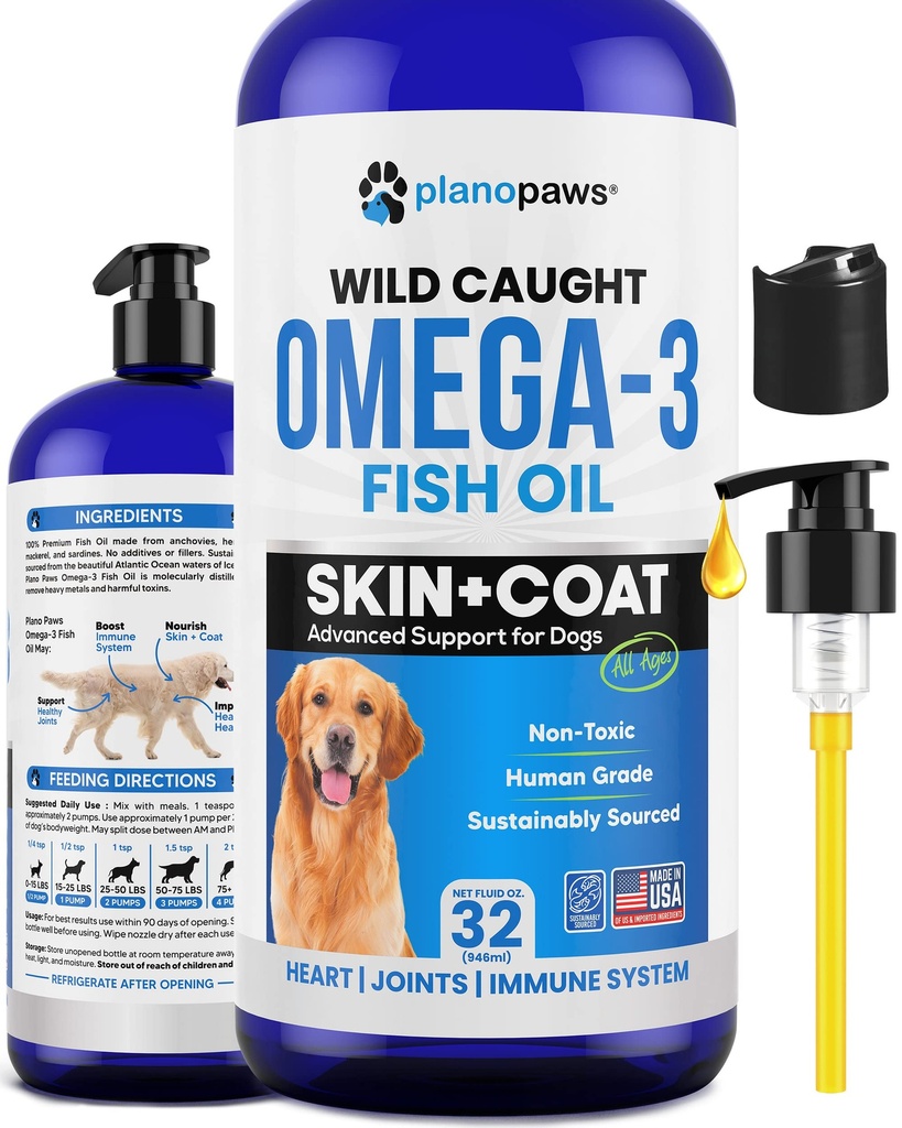 Omega 3 Fiskeolje for hunder - Bedre enn lakseolje - Hunde Fish Oil Supplement for å redusere shedding og kløe - støtter ledd, hjerne og hjerte helse - Hud og Coat Supplement - flytende fiskeolje