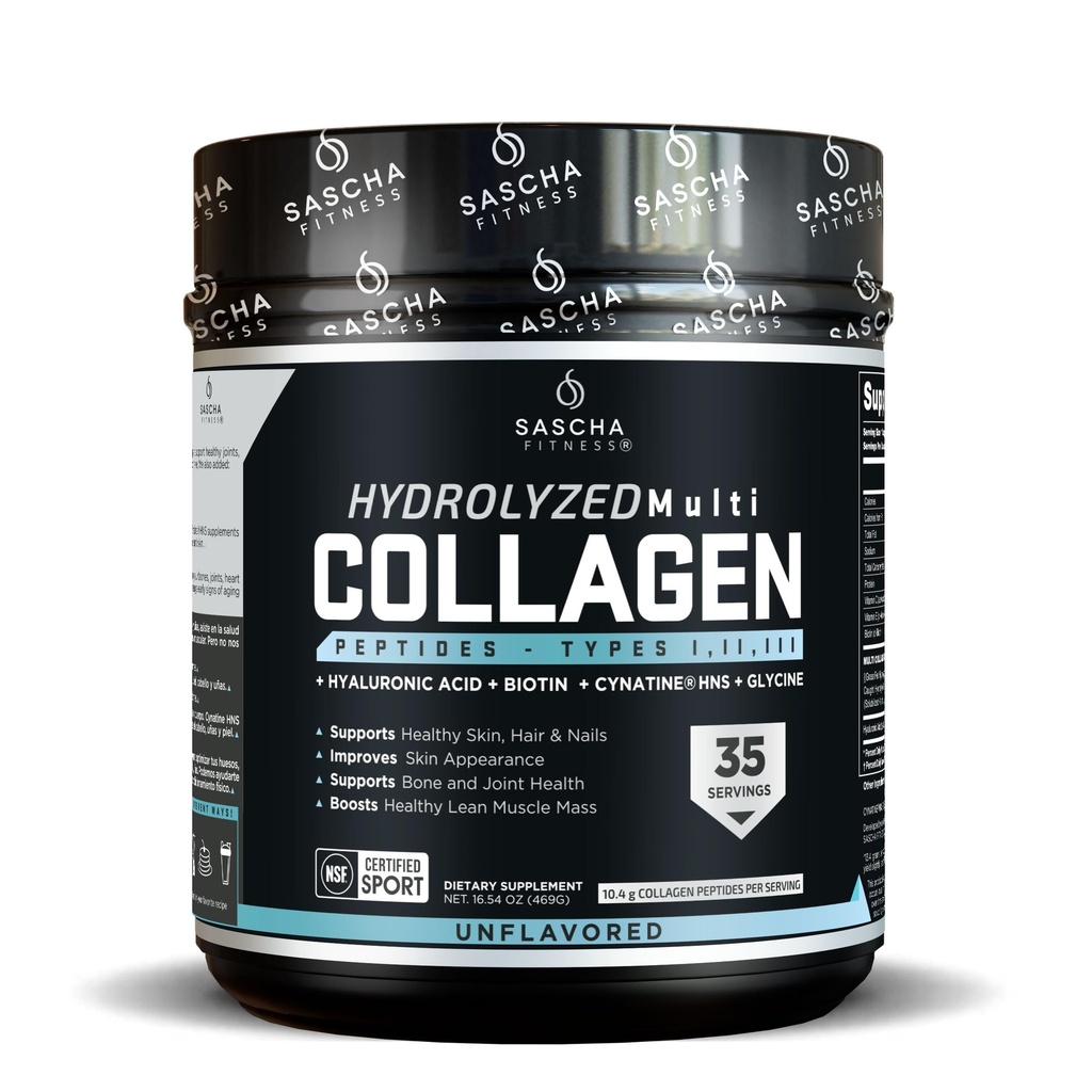 SASCHA FASING Hydrolysert Multi collagen Peptider Tips 1,2 & 3 Hyaluronsyre |Biotin |Cynatine HSN|Vitamin C & E |for hår, hud & bein støtte