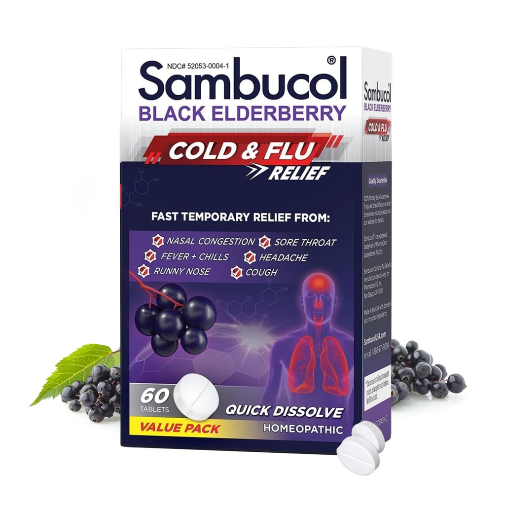 Sambucol kaldt og influensa relief tabletter - Homeopatisk kald medisin, kald remedi for voksne, svart eldrebær for kulde, sink kald remedi - 60 greve