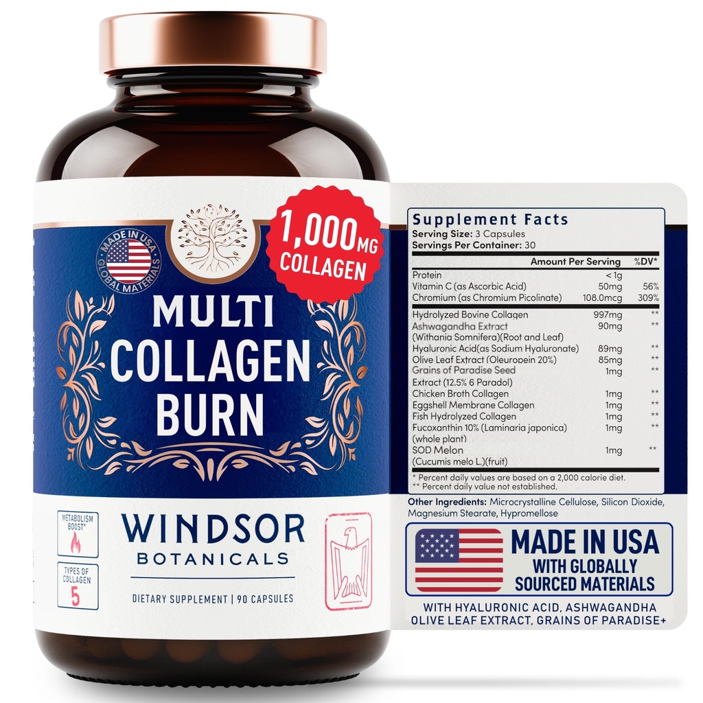 Thermogenic Multi Collagen Burn Kapsler - Hydrolysert Multi Collagen Complex Typer I, II, III, V, X, Marine Collagen, Hyaluronsyre - Skjønnhet og anti-aldring Supplement for kvinner og menn - 90 piller