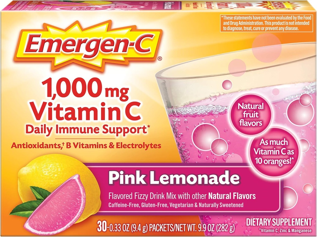 Emergen-C 1000 mg vitamin C pulver, med antioksidanter, B-vitaminer og elektrolyter, immunforsvar kosttilskudd for immun støtte, koffeinfri Fizzy Drink Mix, rosa sitronade Flavor - 30 greve (Pack of 12)