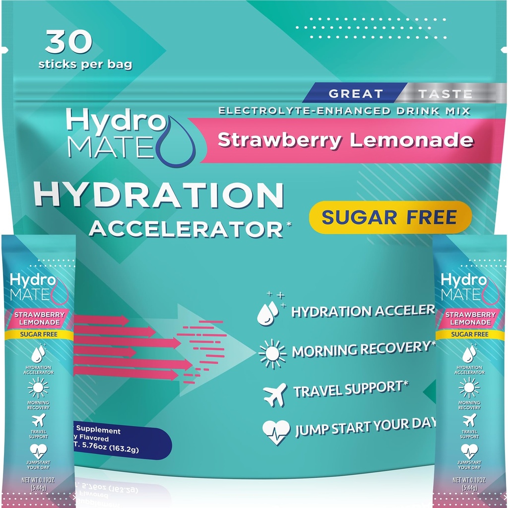 Elektrolytt pulver sukker-fri hydrasjon pakker Strawberry Lemonade HydroMATE 30 Sticks