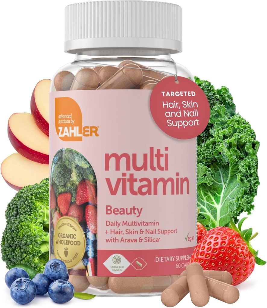 Zahler Multivitamin Beauty, Daily Multivitamin +Skin hår og negler støtte, for kvinner og menn med jern, sertifiserte Kosher, 60 kapsler