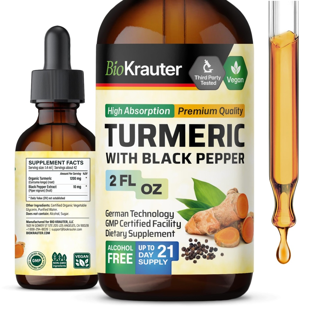 BIO KRAUTER Turmeric Supplement Tinktur - 1200 mg Turmeric Curcumin med svart pepper ekstrakt - alkohol og sukker gratis - Vegan Drops 2 Fl.Oz.