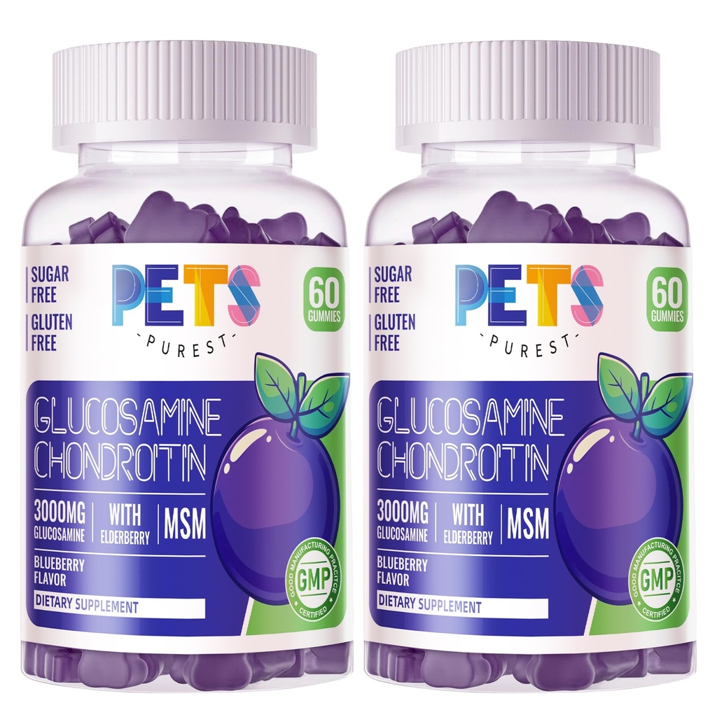 Kjæledyr Purest Glucosamine Chondroitin Gummies med MSM & Elderberry Extra Styrke - Felles støtte, Antioksidant immunstøtte Supplement for voksne, menn og kvinner. (2 Pack) Blueberry