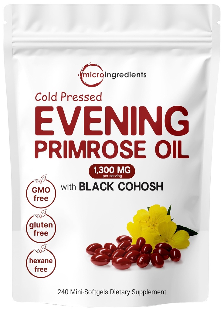 Mikroingredienser Aften Primrose Olje 1300mg Per Serving, 240 Softgels | Forbedret med 40mg svart cohosh ekstrakt, kaldt presset - 10% aktiv GLA, ikke-GMO, Ingen gluten, lett å svelge