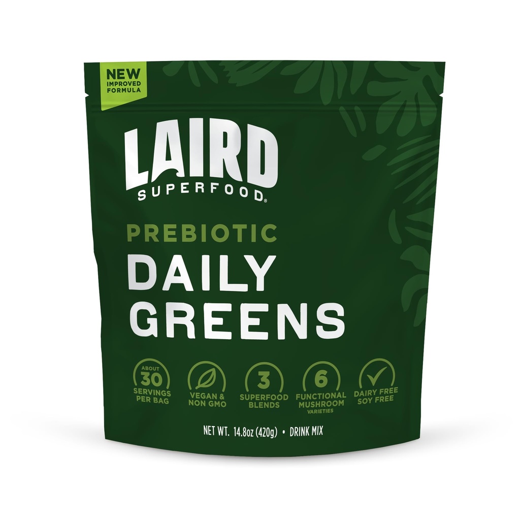 Laird Superfood Prebiotic Daily Greens Powder – essensielle vitaminer og mineraler - Prebiotiske Fiber, Adaptogen og frukter & grønnsaker – støtter Gut Helse – Ikke-GMO, Vegan - 14,8 oz Bag, Pakke med 1