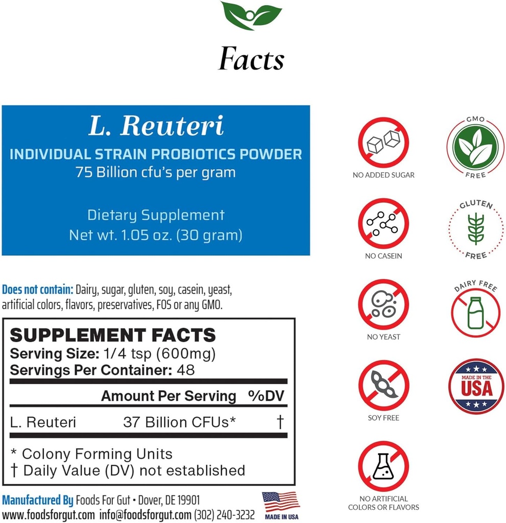 Lactobacillus Reuteri Probiotic Powder 75 milliarder cfu i USA | Ingen tilsetningsmidler | Direkte fra produsent | Ingen tredjepartslagring | Digestiv og immun støtte | L. Reuteri | 30 gram (1,05 OZ)