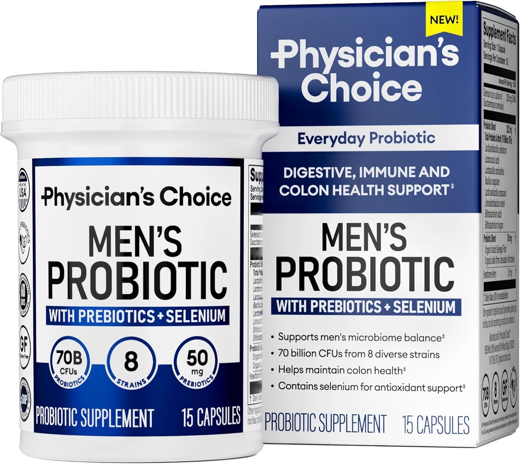 Physical's Choice Probiotics for menn - 70 milliarder CFU - 8 Strains - Selen & Prebiotics - støtter digestiv helse, mikrobiom, kolon, og immun helse - Advanced Mens Probiotic - 15ct prøvestørrelse