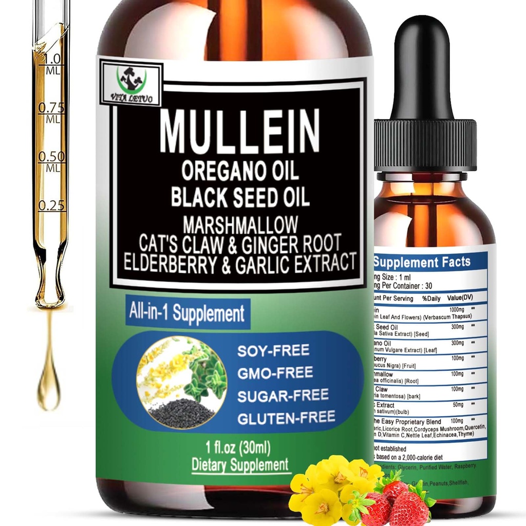 16-i-1 organiske mulleinedråper for Lungs | Mullein Leaf Ekstrakt w/Oil av Oregano med svart frøolje | Ikke-GMO & Glutenfri pustende helse flytende | Mullein Supplement renser for røykere