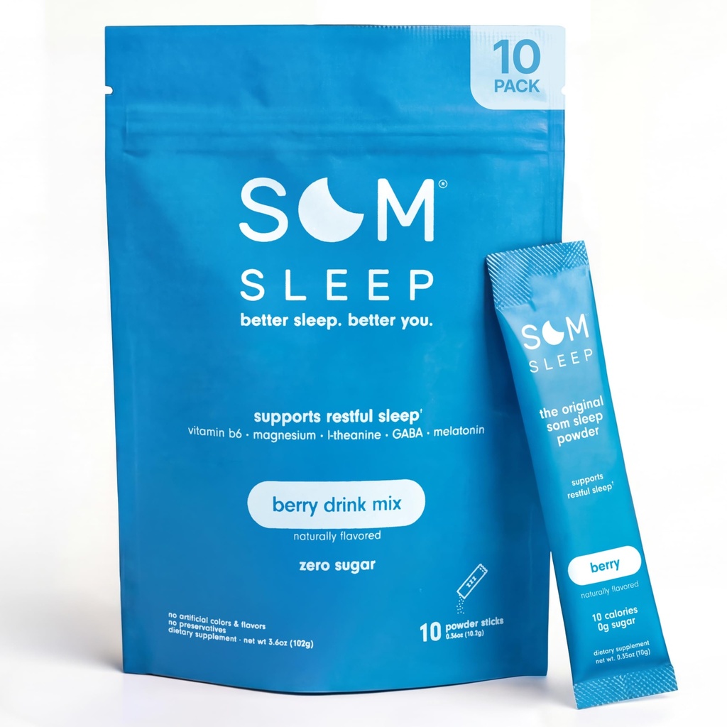 Som søvn, rolig søvn pulver drikke blanding, 3 mg melatonin, magnesium, vitamin B6, L-theanin & GABA - Vegansk, null sukker, ketovennlig - Berry, 10-Pack