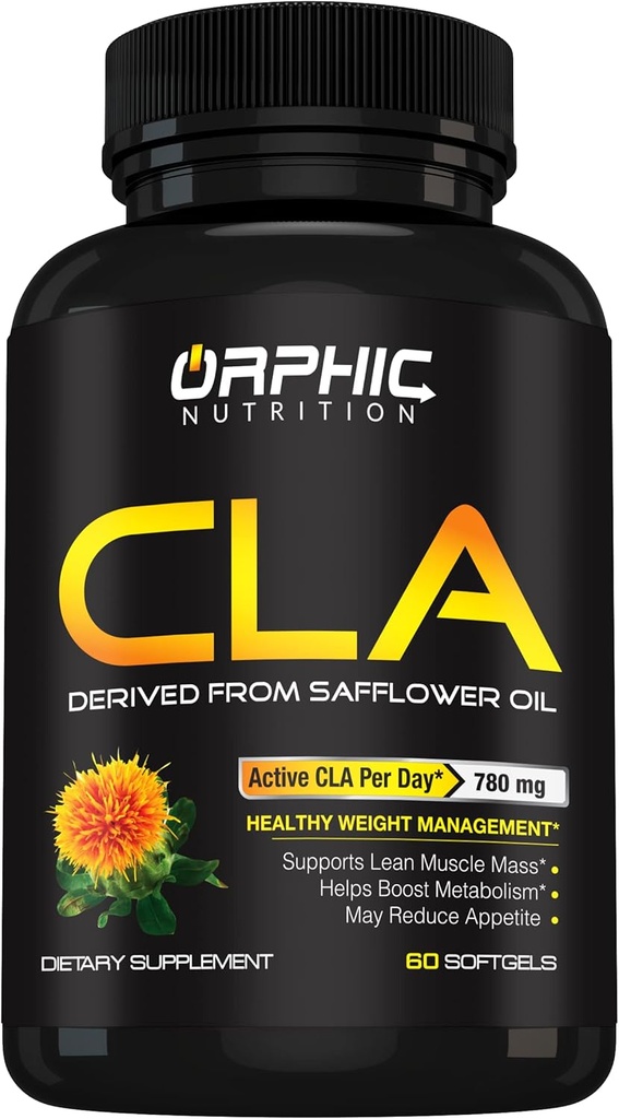 ORPHIC NUTRITION CLA Safflower Oil Supplement - laget med Saflower Oil - 780mg ikke-stimulerende konjugert Linoleic Acid for menn og kvinner * å støtte vekttap innsats og metabolisme* - 60 Softgels