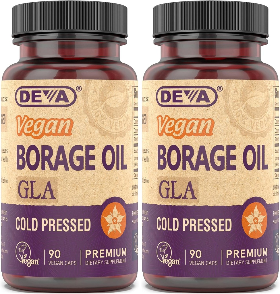 DEVA Vegan vitaminer, boreolje 500 mg, kilde til Omega-6 fettsyre GLA (Gamma linolenic Acid), kaldpresset og uraffinert, 90 tabletter (pakke av 2)