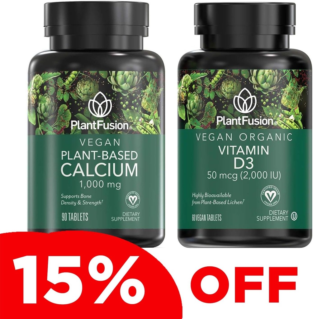 PlantFusion Vegansk kalsium og D3 Bundle - Premium Plant Basert Kalsium 1000mg og D3 2000IU Kosttilskudd for beinvekst, tetthet og styrke og immunstøtte