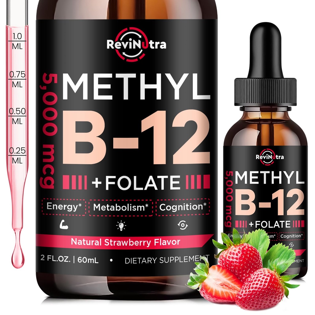 Vitamin B12 flytende dråper, B12 vitaminer 5000 mg, vitamin B-kompleks Supplement med Metylkobalamin B12 Sublingual, vitamin B6, Folat for energi, hjerne, hjertehelse, vegansk jordbær Flavor 2 Fl Oz