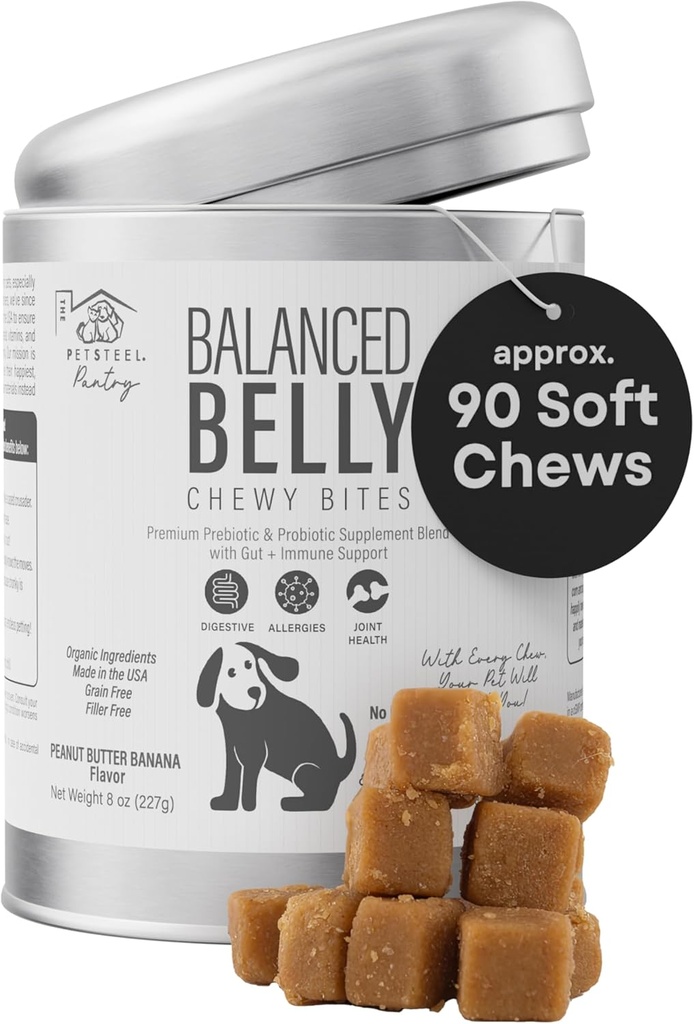 Balansert Belly Probiotika for hunder – Digestive helse Chews med prebiotika, allergi og felles støtte – Probiotiske hundetilskudd for Gut Helse, diarrealief og kløende hud – 90 myk Chews