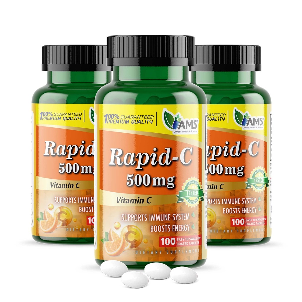 Amerika Medisin og vitenskap Rapid-C 500 mg vitamin C Supplement (3 Pakke med 100 tabletter) Energi Booster, daglig immunsystem støtte, antioksidant | Vegan, ikke-GMO coated askorbinsyre for voksne menn og kvinner