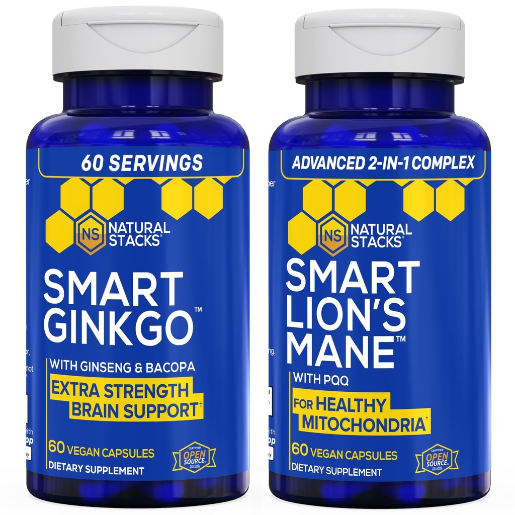 NATURAL STACKS Ginkgo Biloba + Lions Mane Mushroom Bundle - Fokus & minne støtte* - 120 Kapsler