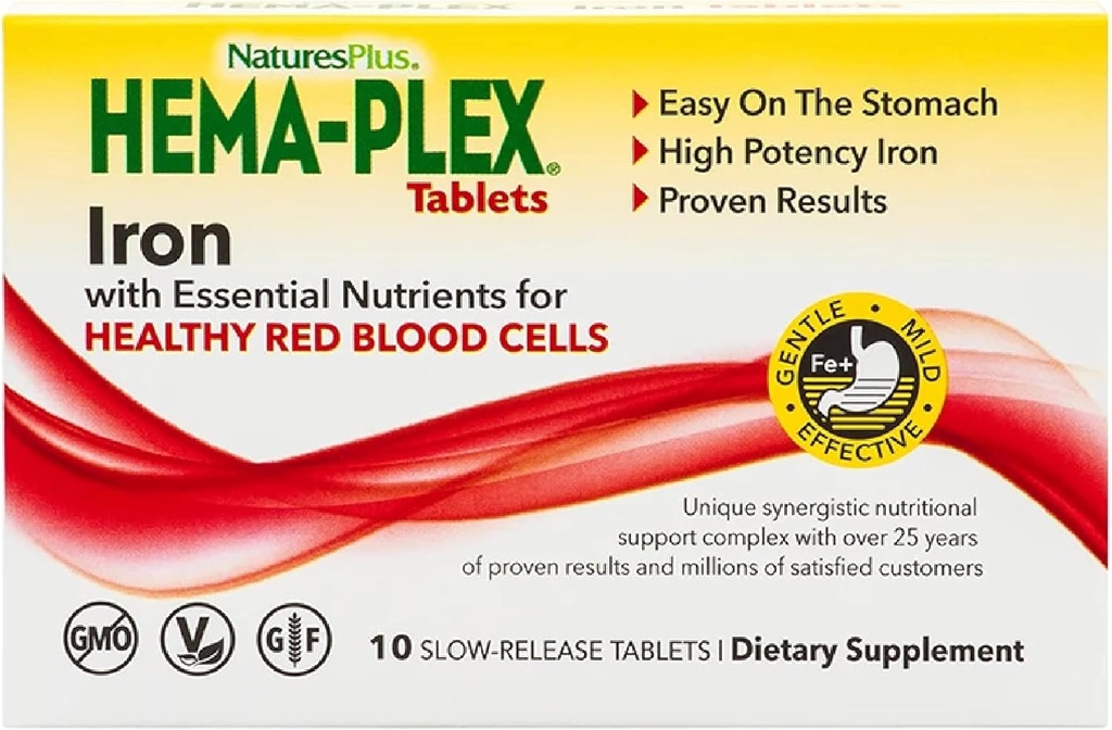 NaturesPlus Hema-Plex jern - 10 langsomme tabletter - 85 mg Chelatert jern - Total blod helse - med vitamin C & Bioflavonoider - Vegan, Glutenfri - 10 Services