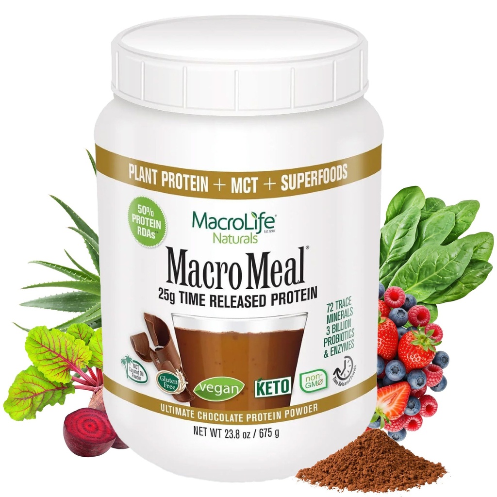 MakroLife Naturals MacroMeal Vegansk Sjokolade Protein pulver Superfood Grønn Probiotika + Fiber, Immune Energi Digestive daglige essenser for kvinner og menn Glutenfri - 23.8oz (15 Serveringer) Sjokolade