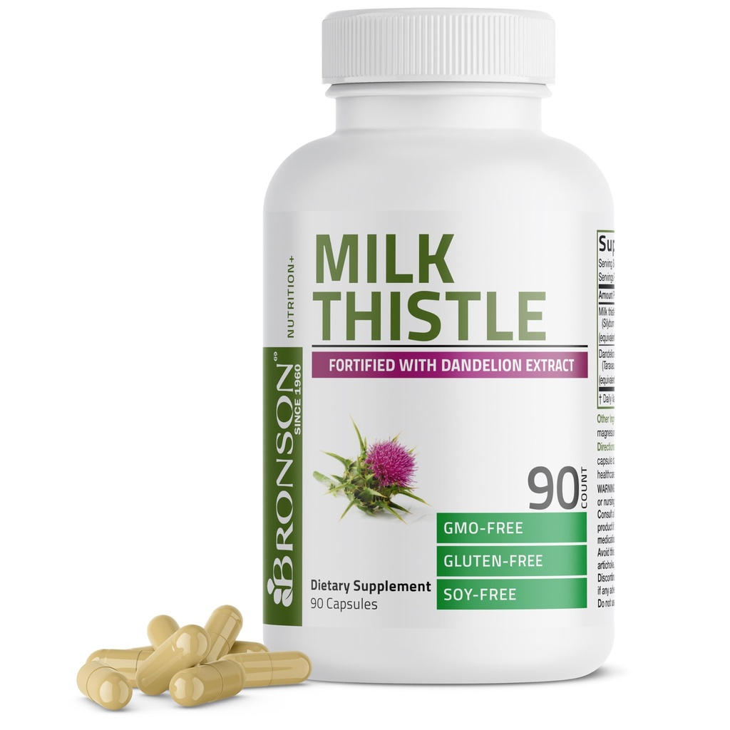 Bronson Milk Thistle Silymarin Marianum & Dandelion Extract lever helse støtte, Antioksidant støtte, Detox, 90 kapsler