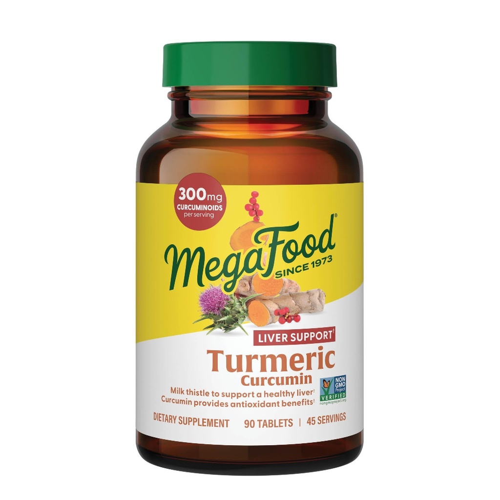 MegaFood Turmeric Curcumin Supplement for Liver Support - Turmeric Supplement med svart Pepper & Melke Thistle - 300 mg Curcuminoids Per Serving - Vegan, Glutenfri, IkkeGMO - 90 tabletter, 45 Serveringer
