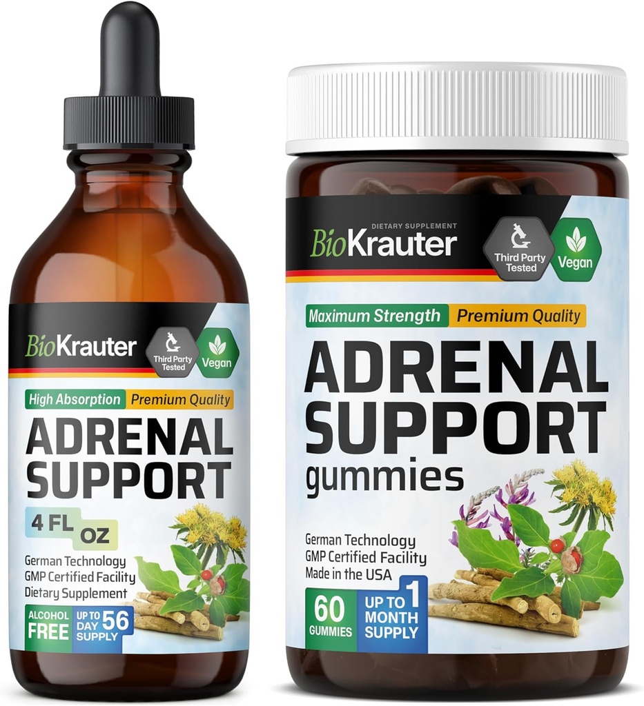 BIO KRAUTER Adrenal Støtte 60 Gummies & Adrenal Støtte Tinkture 4 Fl. Oz.