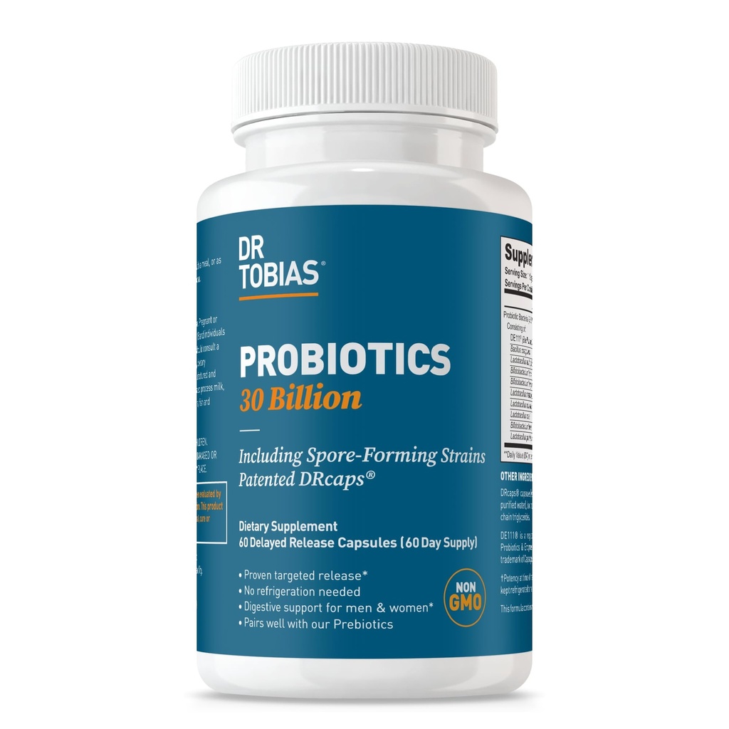 Dr. Tobias Probiotics 30 Billion, 10 Strains, 30 Billion CFU's, Targeted Release Probiotics for Women & Men, Supports Digestive Health, Shelf-Stable, Non-GMO, 60 Capsules, 60 Servings