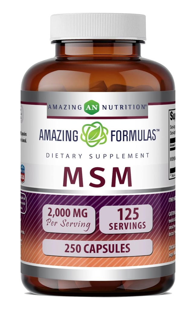 Amazing Formler MSM (Metylsulfonylmetan) Supplement | 2000 Mg Per Serving | Kapsler | Ikke-GMO | Glutenfri | laget i USA (1 Pakke, 250 greve)