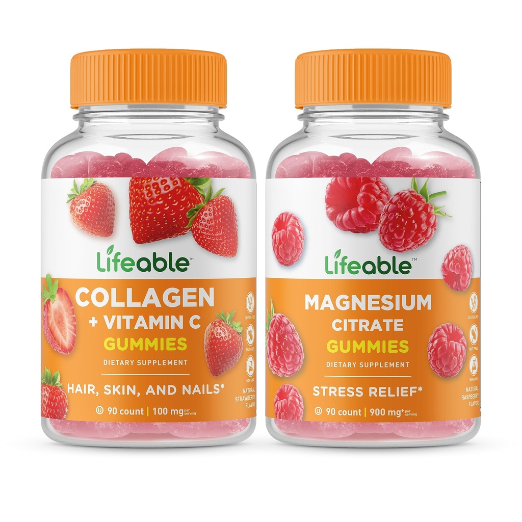 Livbar kollagen og vitamin C + magnesium, Gummies Bundle - Great Tasting, vitamin Supplement, Glutenfri, GMO Gratis, Chewable Gummy