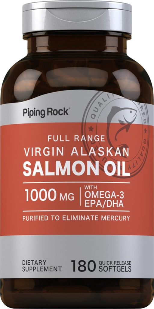 Piping Rock Wild Alaskan Salmon Fish Oil | 1000mg | 180 Softgels | Kosttilskudd for mennesker | Omega-3, EPA og DHA | Ikke-GMO og Glutenfri