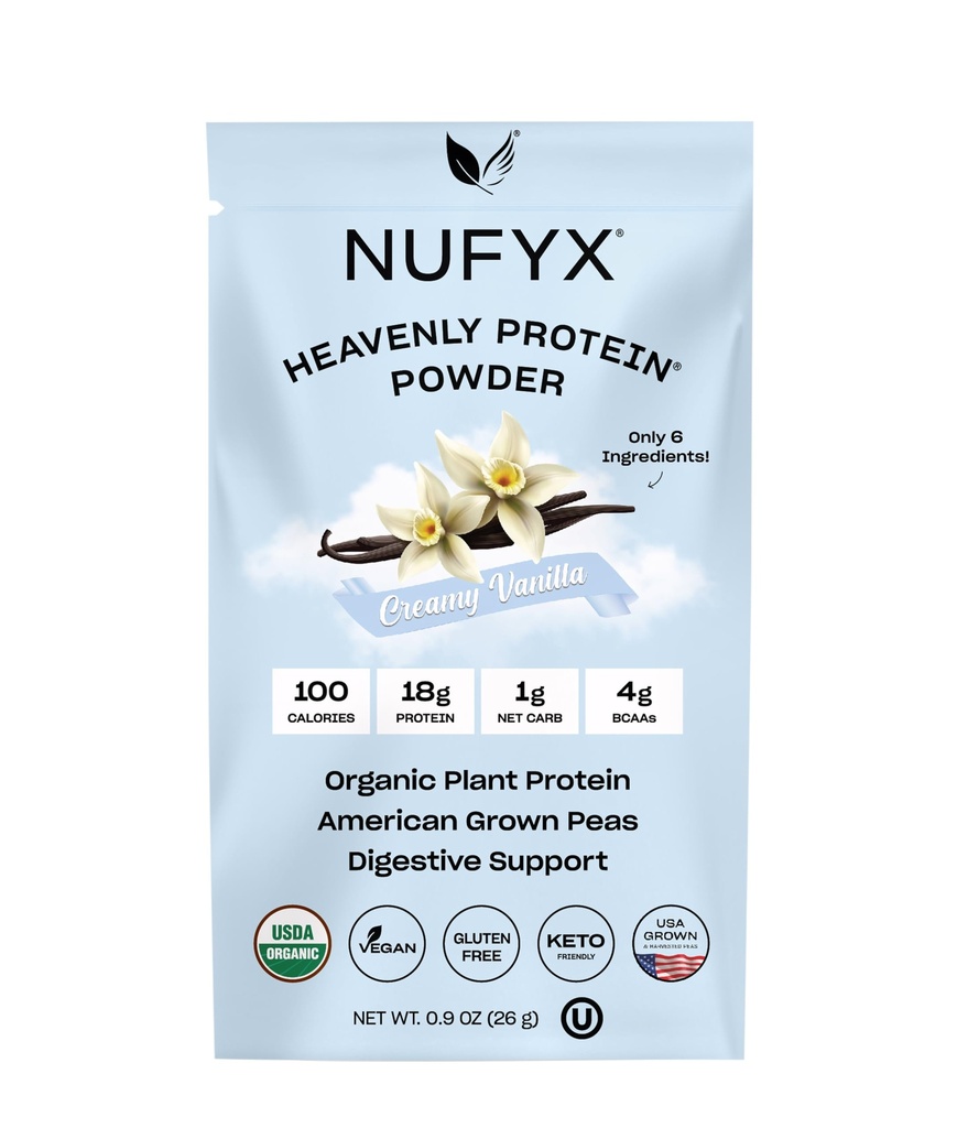 NUFYX® • Heavenly Protein® Powder • verdens fineste 100% økologiske amerikanske voksende erter • Vegan • Glutenfri • lavkarbohydrat (Creamy Vanilla, Packet)