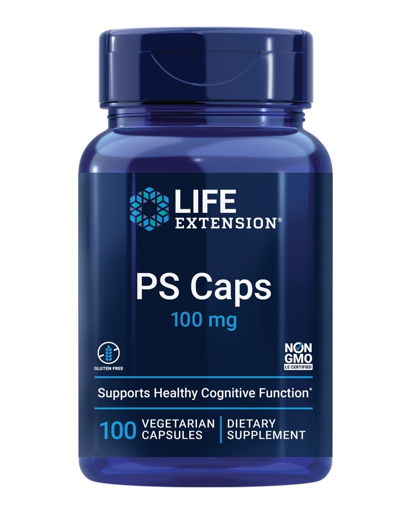Livsforlengelse PS Caps, fosfatidylserin, for kognitiv ytelse, glutenfri, ikke-GMO, vegetarisk, 100 kapsler