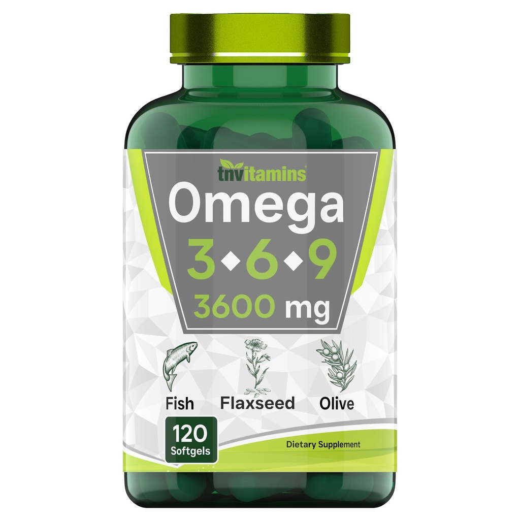 tnvitaminer Triple Omega 3◆ 6◆ 9: 3600mg x 120 Softgels | Omega essensielle fettsyrer fra fiskeolje (EPA & DHA), Flaxfrø (ALA & LA), & Oliveolje (OA) | Supplement for kvinner og menn