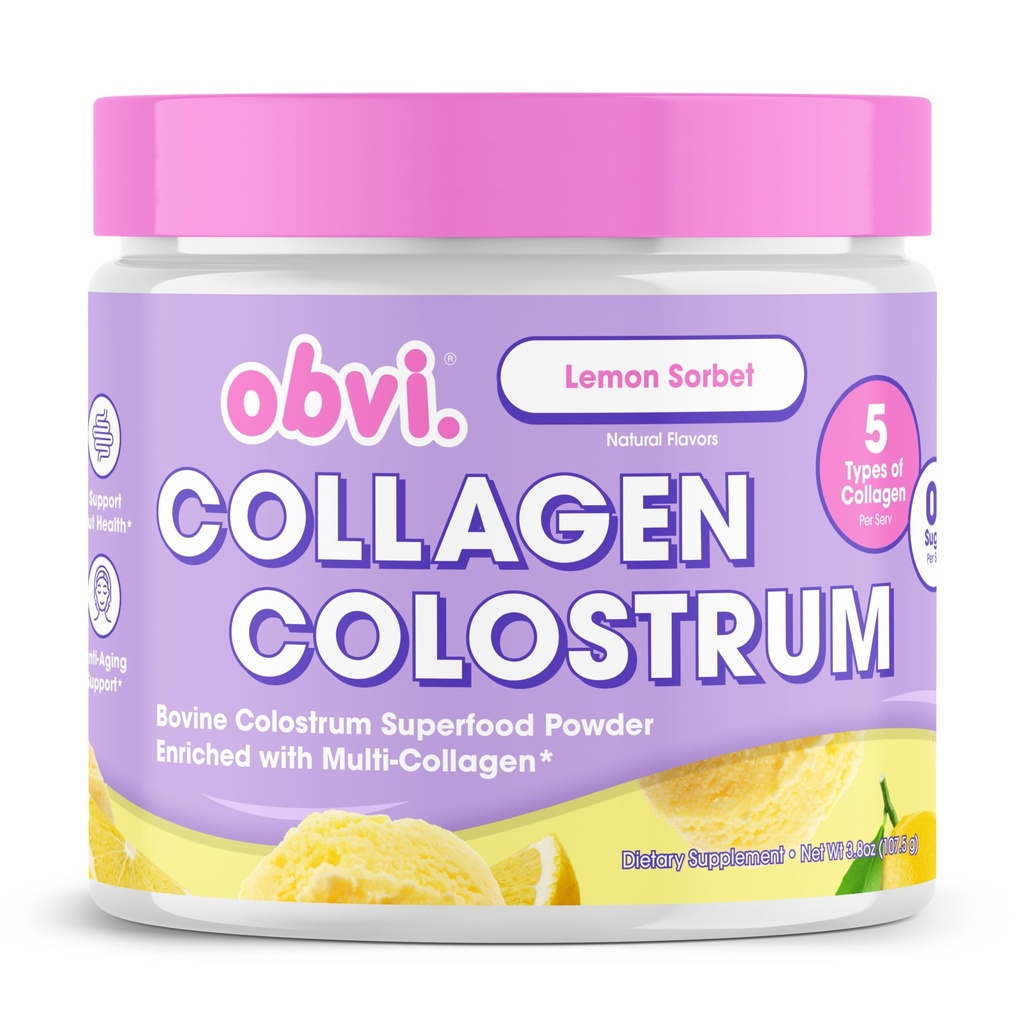 Obvi Collagen Peptide Colossrum Powder | Multi-kollagen Peptider med Grass-Fed Bovine Colossrum | Støtter Gut Helse, Immune, Hud og Hår | Glutenfri, Keto-Friendly | Lemon Sorbet, 30 Services