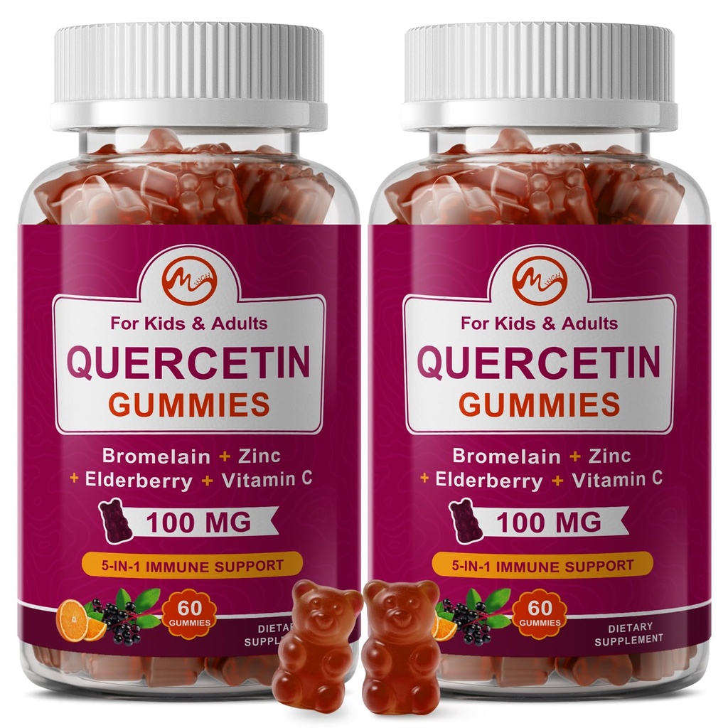 (2 Pakke) Quercetin Gummies med Bromelain, Elderberry, sink og vitamin C - Chewable Quercetin 700mg Supplement for immunitet, Allergi, Aging Support - Vegan Gummies for voksen og barn