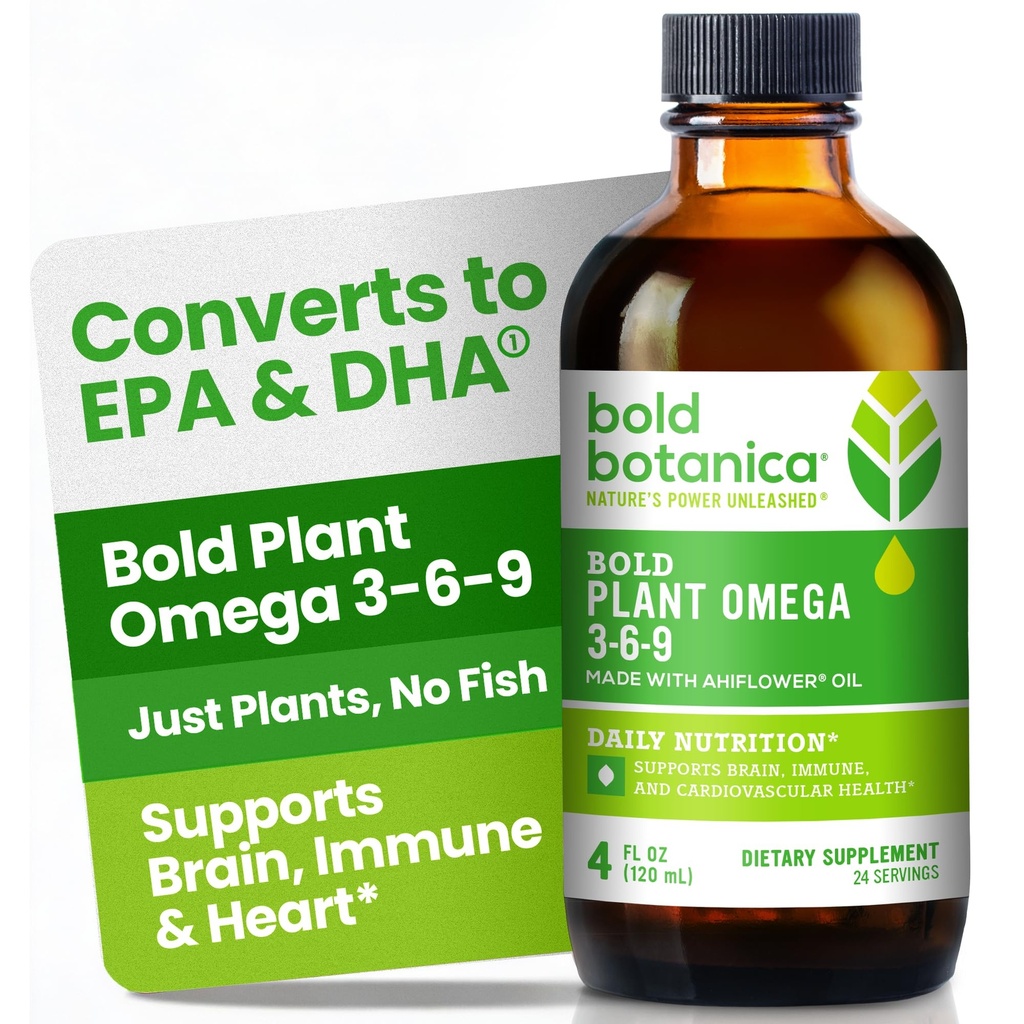 Bold Botanica Plant Omega 3-6-9, med ahiflower olje, vegansk Omega 3, komplett plantebaserte omega for hjerne og immun helse, bedre enn flaks, fisk gratis, stor smak, sukkerfri, ikke-GMO, flytende- 4 oz