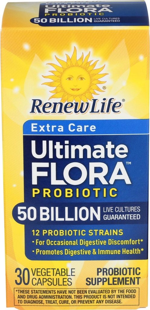 Renew Life Extra Care Digestive Probiotic Capsules, 50 milliarder CFU garantert, Daglig Supplement støtter immune, Digestive, Respiratorisk Helse(1) L. Rhamnosus GG, Dairy, Soya og Glutenfri, 30 Teller